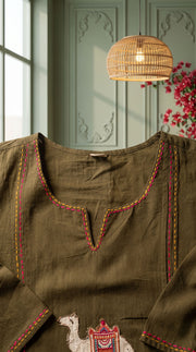 Reet Military Green Appliqué Pin-Tuck Kurta Set